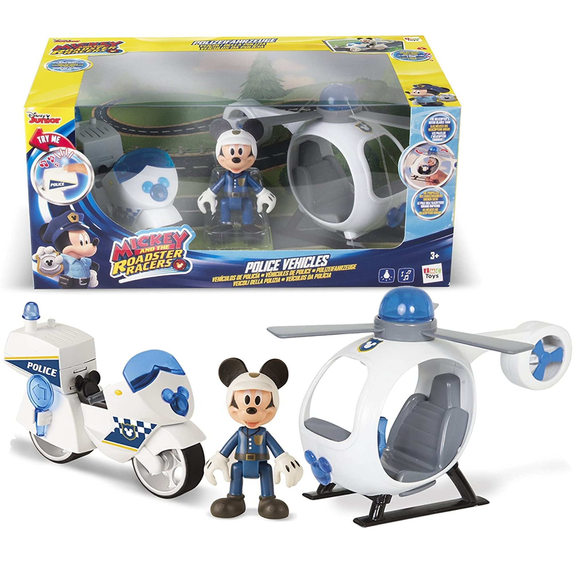 Disney Myszka Mickey 3w1 Miki Helikopter + Motor policyjny Motocykl Policja + figurka policjant