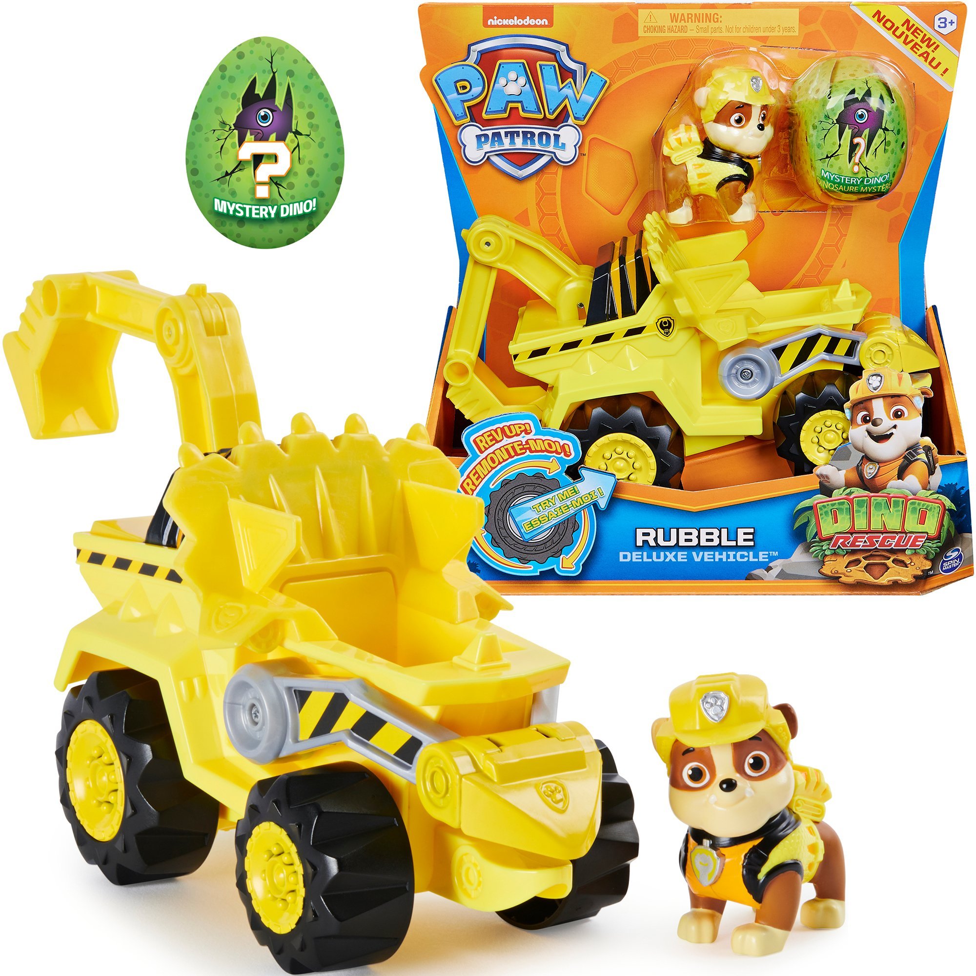 Zestaw Psi Patrol Dino Rescue Rubble figurka piesek + pojazd ¿ó³te auto koparka dinozaur niespodzianka 3+