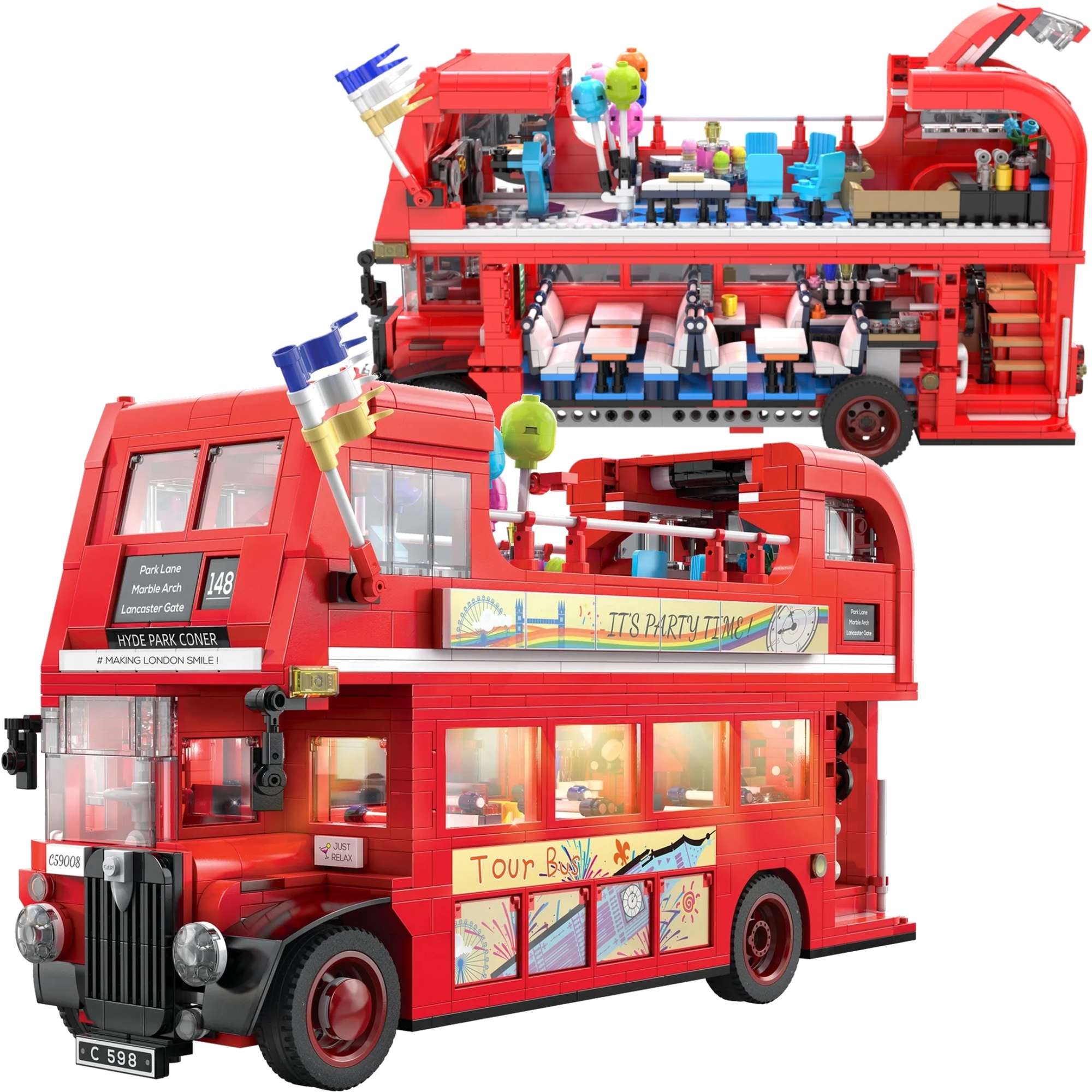 Klocki konstrukcyjne CaDA Czerwony londyski autobus wycieczkowy 2w1 Klasyczny pojazd turystyczny miejski pitrowy angielski wiato LED 1770 elementw