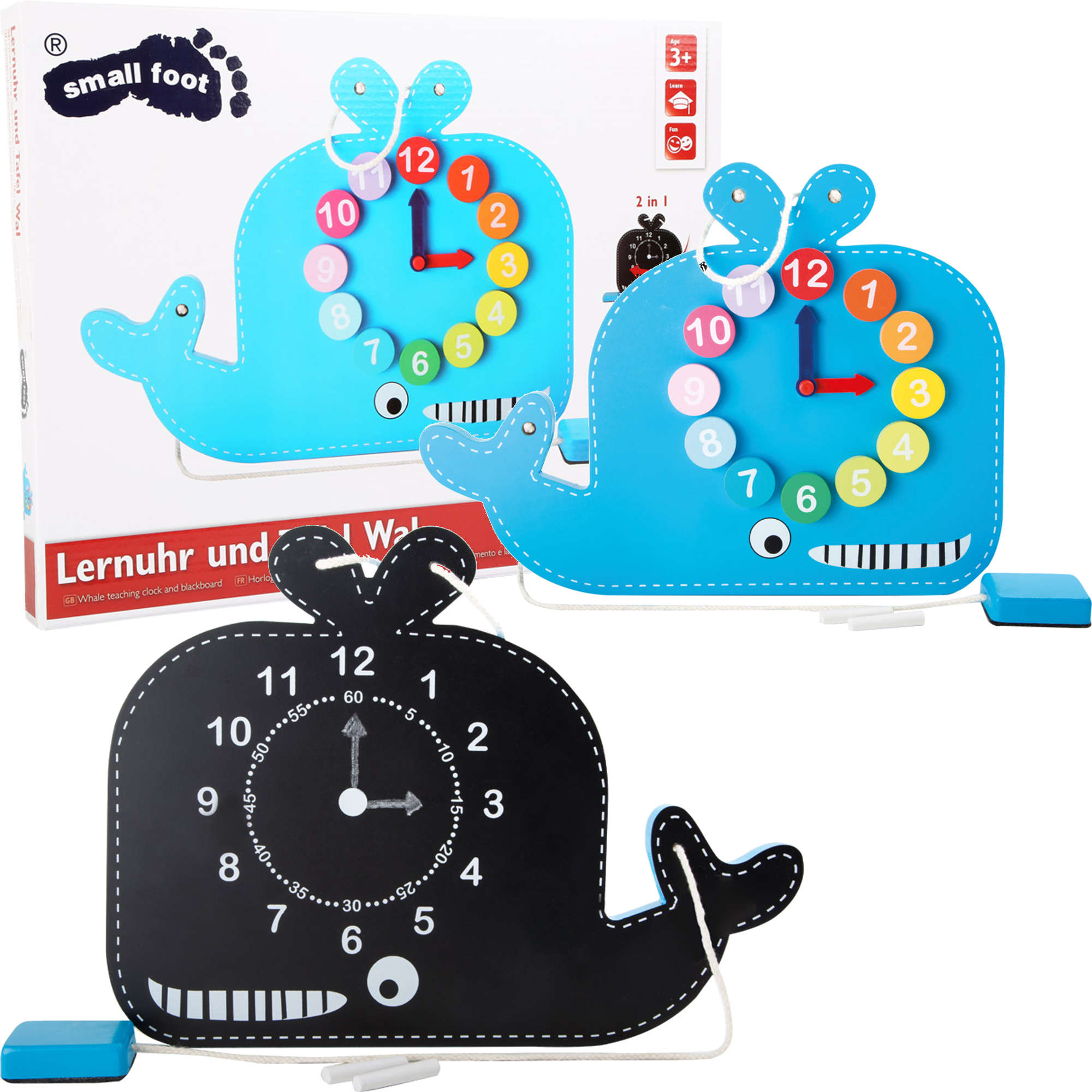 Drewniana zabawka edukacyjna 2w1 tablica kredowa wieloryb i zegar
