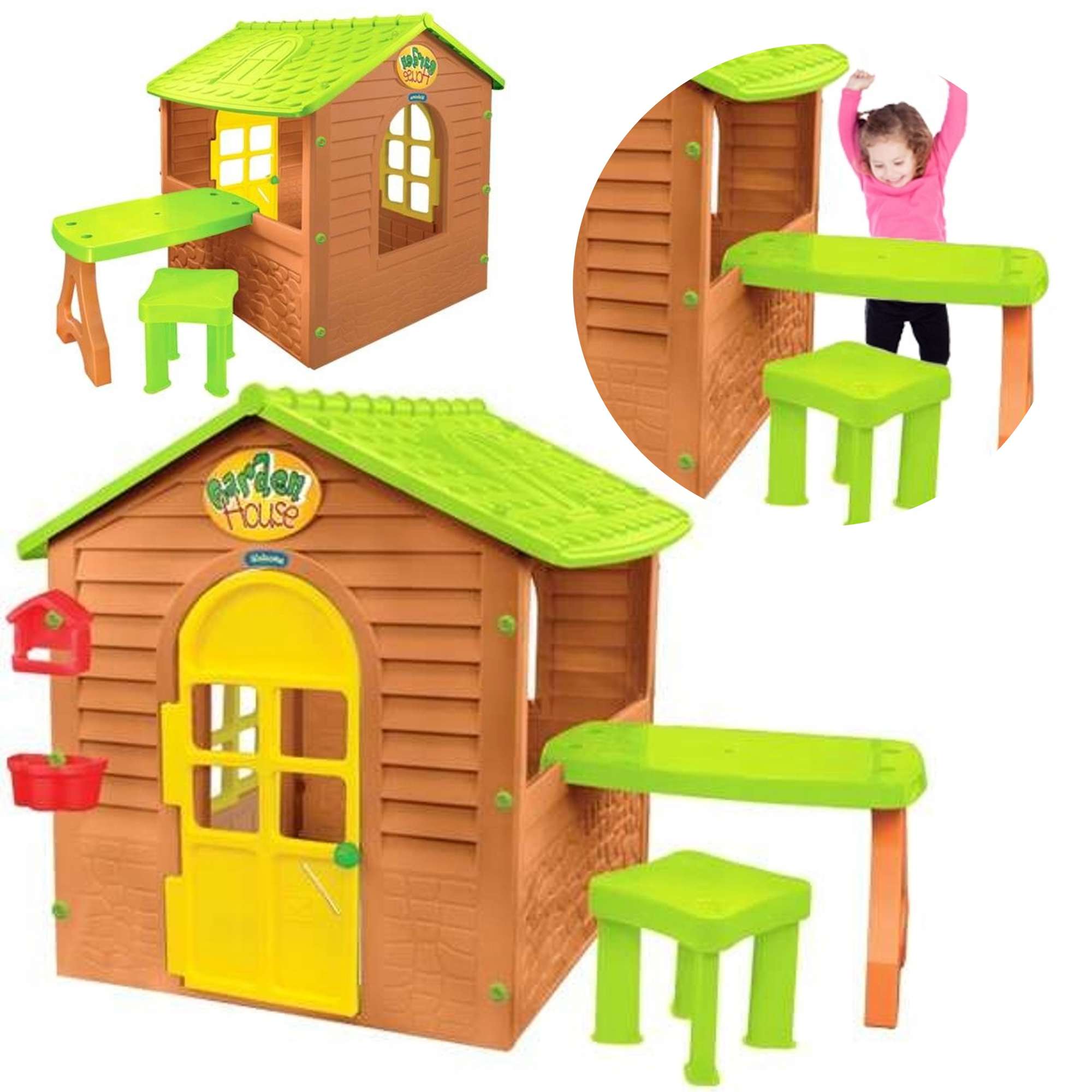 Stabilny kolorowy Domek ogrodowy dla dzieci ze stolikiem i krzesekiem Mochtoys
