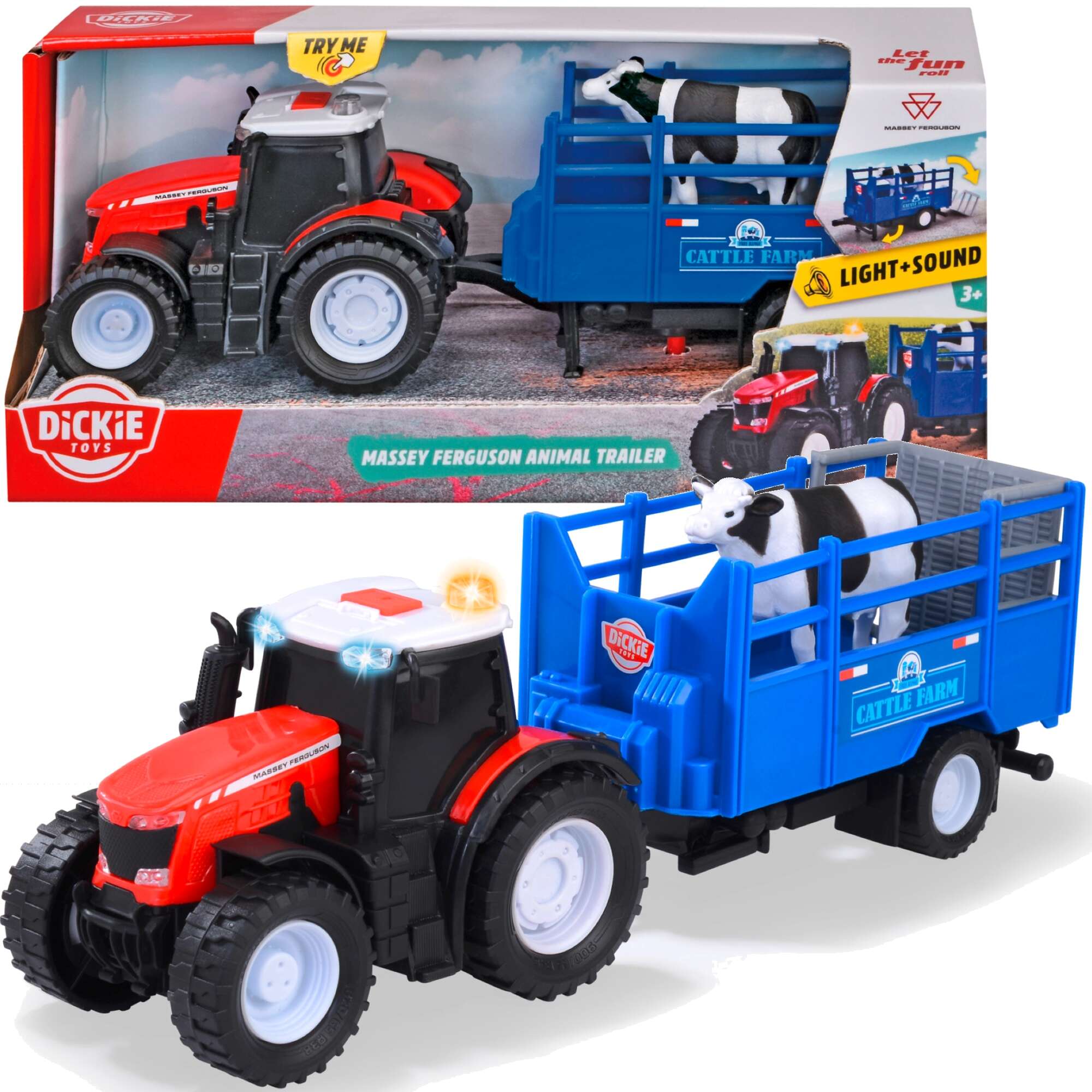 Interaktywny traktor pojazd rolniczy z przyczepk + figurka krowy wiato Dwik