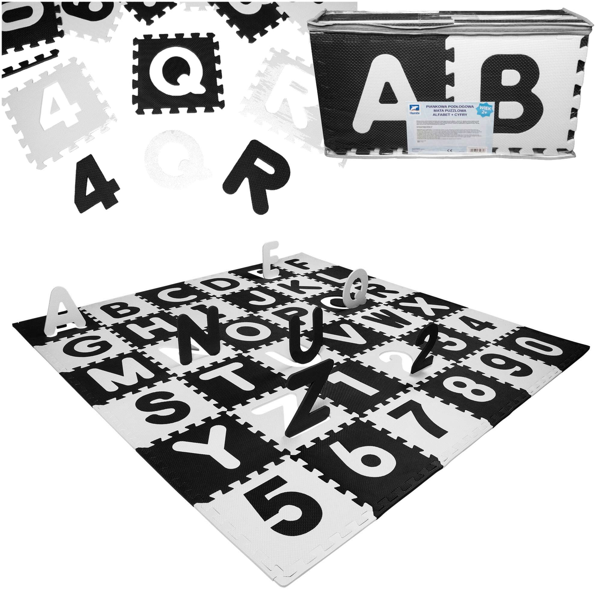 Humbi Mata edukacyjna Grube Puzzle piankowe 31,5 x 31,5 x 1 cm 96 elementw Cyfry Liczby Cyferki Litery Alfabet Literki biay czarny