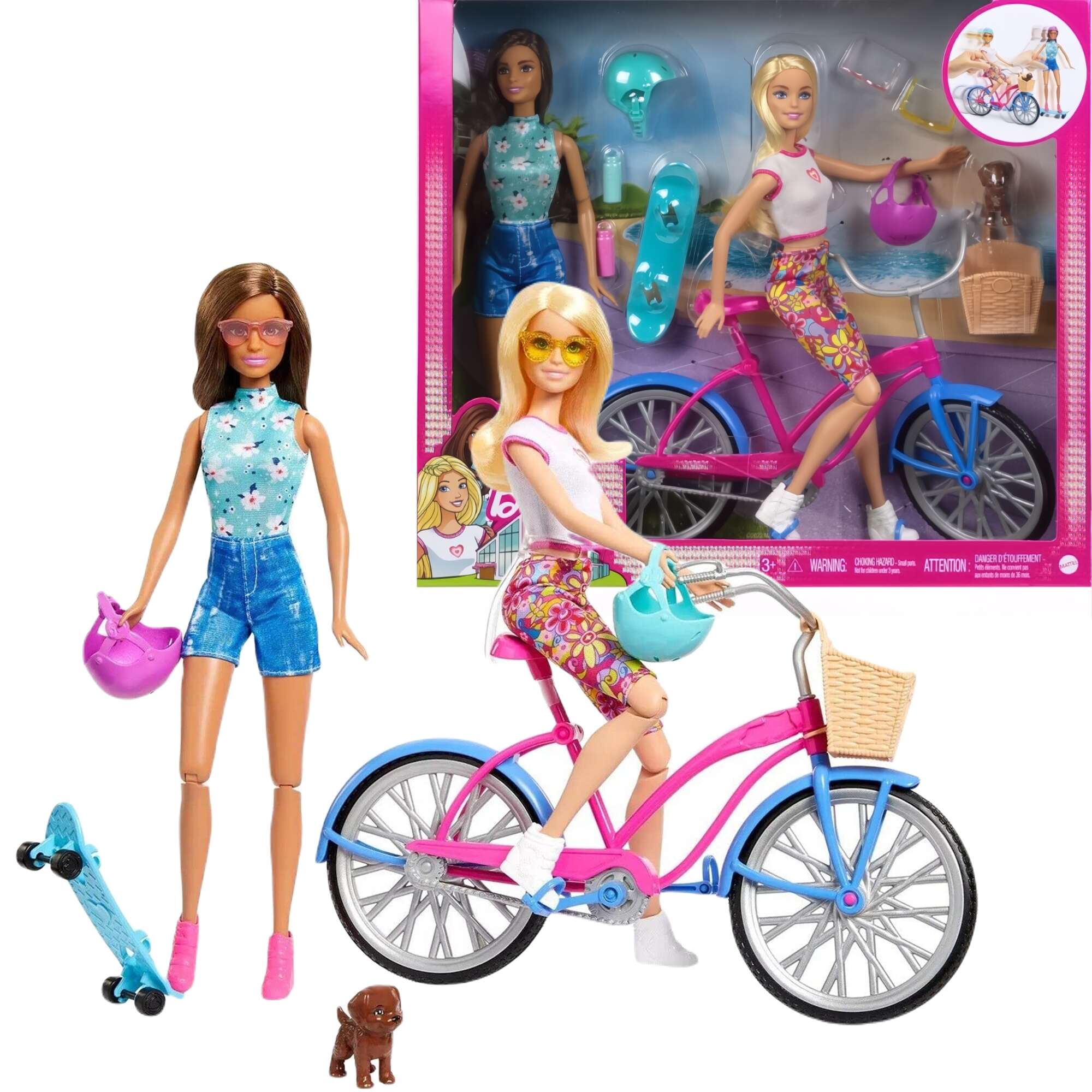 Barbie Zestaw Lalki Rower Plaowy niebieska Deskorolka + akcesoria
