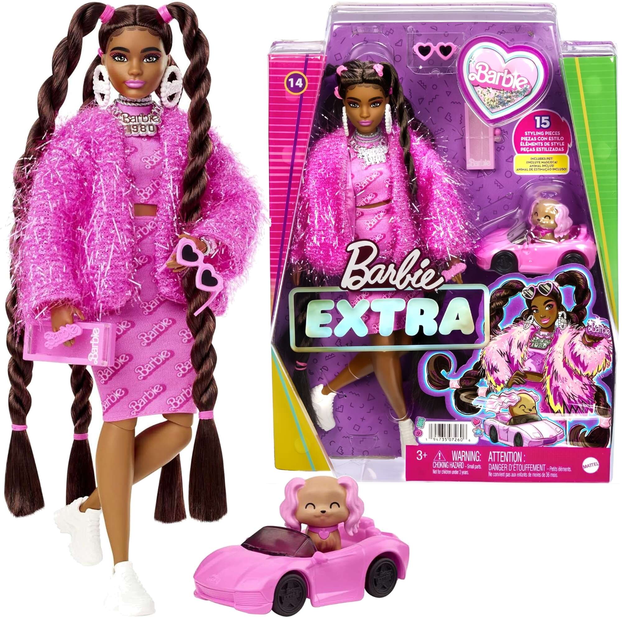 Barbie Extra Lalka z akcesoriami + piesek w rowym kabriolecie