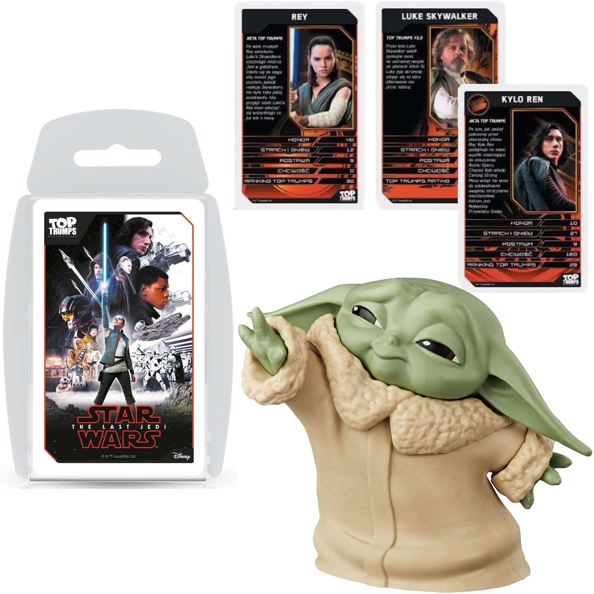 Baby Yoda Mandalorian figurka 6cm i Gra karciana Top Trumps Star Wars Ostatni Jedi