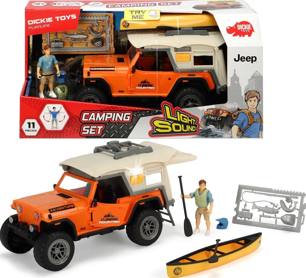 Dickie Toys Prawdziwy camping-Jeep + figurka i akcesoria