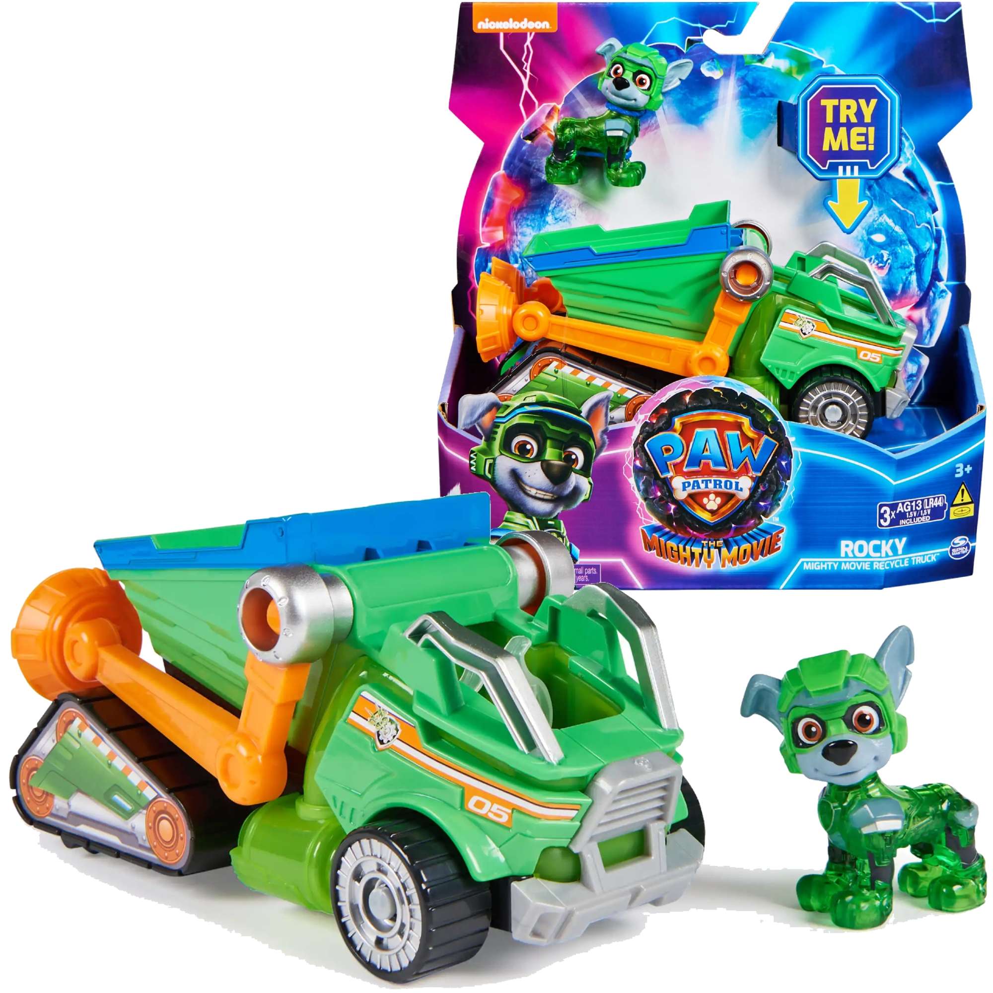 Psi Patrol The Mighty Movie Wielki Film Zestaw figurka Rocky zielone auto pojazd do recyklingu wiato dwik