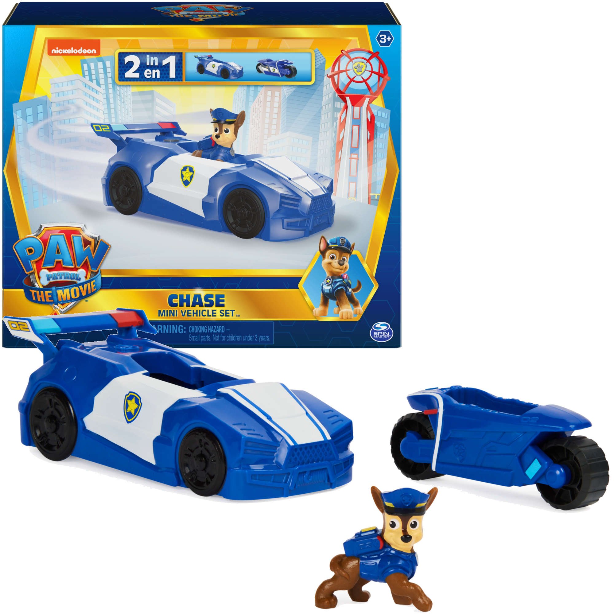 Psi Patrol Film The Movie Chase niebieski Mini pojazd samochd policyjny z figurk 2w1 radiowz i motocykl 3+ Spin Master