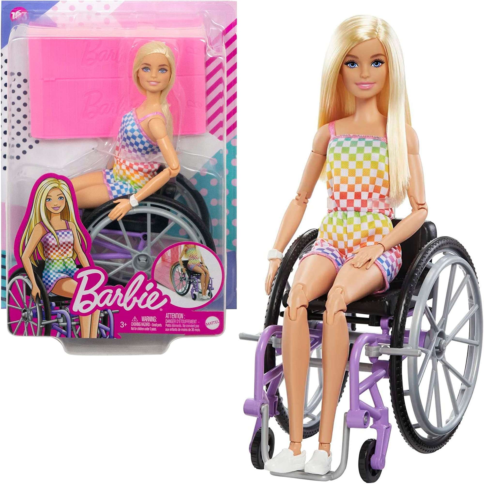 Barbie lalka blondynka na wózku inwalidzkim + rampa