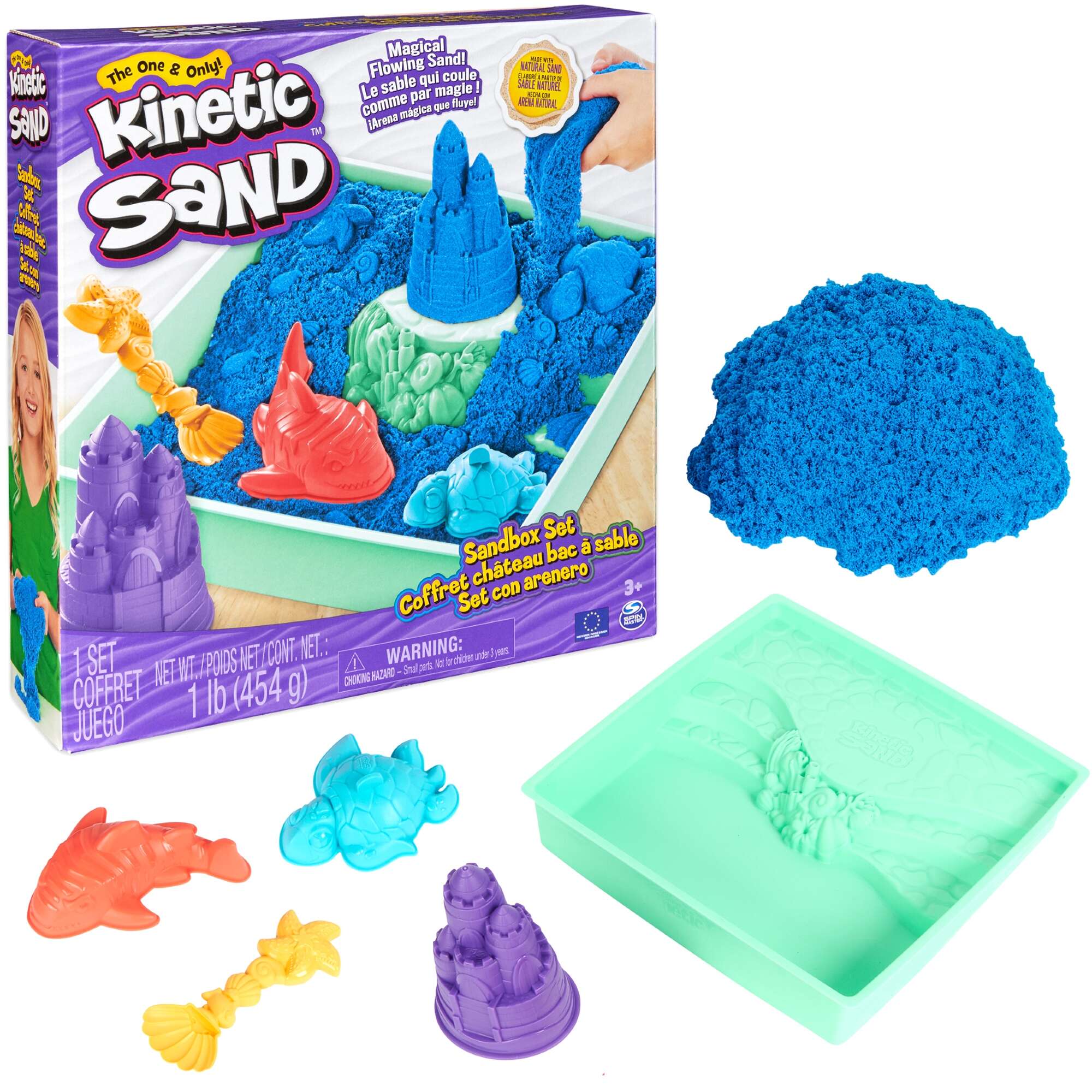 Piasek kinetyczny plastyczny Kinetic Sand Zestaw zamek z niebieskim piaskiem + foremki taca i akcesoria Spin Master