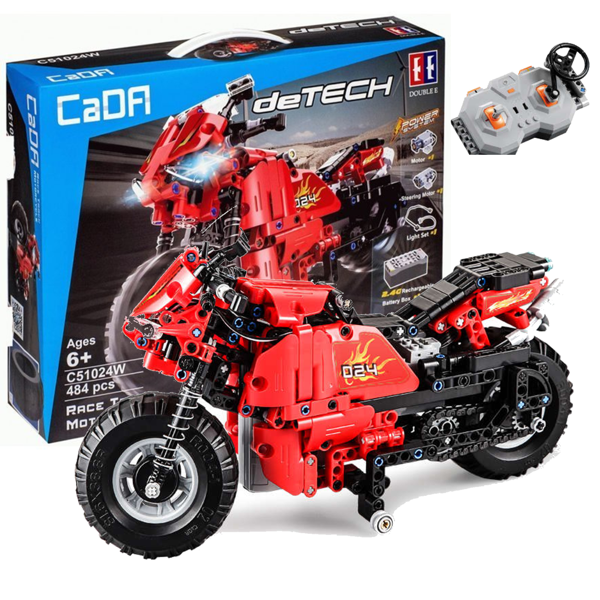 Klocki konstrukcyjne CaDA Zdalnie sterowany motor Motocykl wycigowy Pojazd RC wiata LED 484 elementy