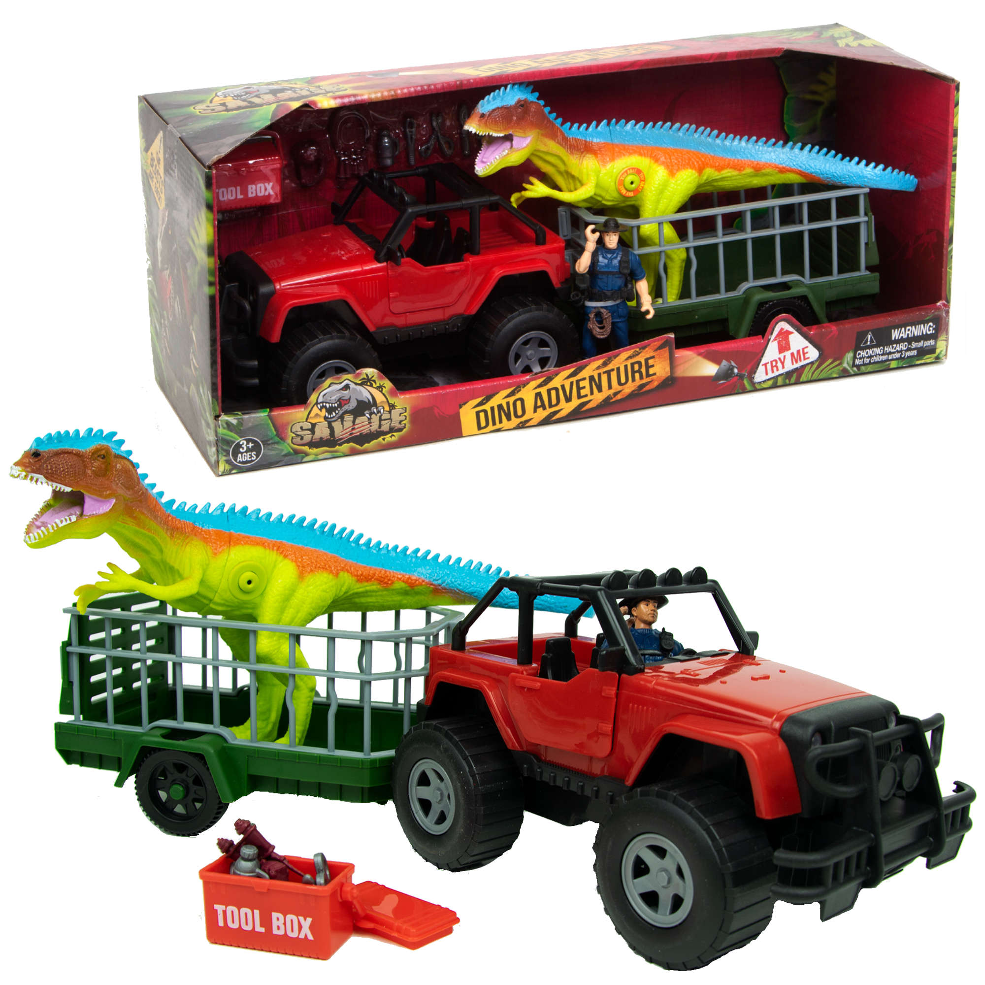 Zestaw dinozaur, pojazd z przyczep, figurka myliwego Savage Dino Adventure dwik