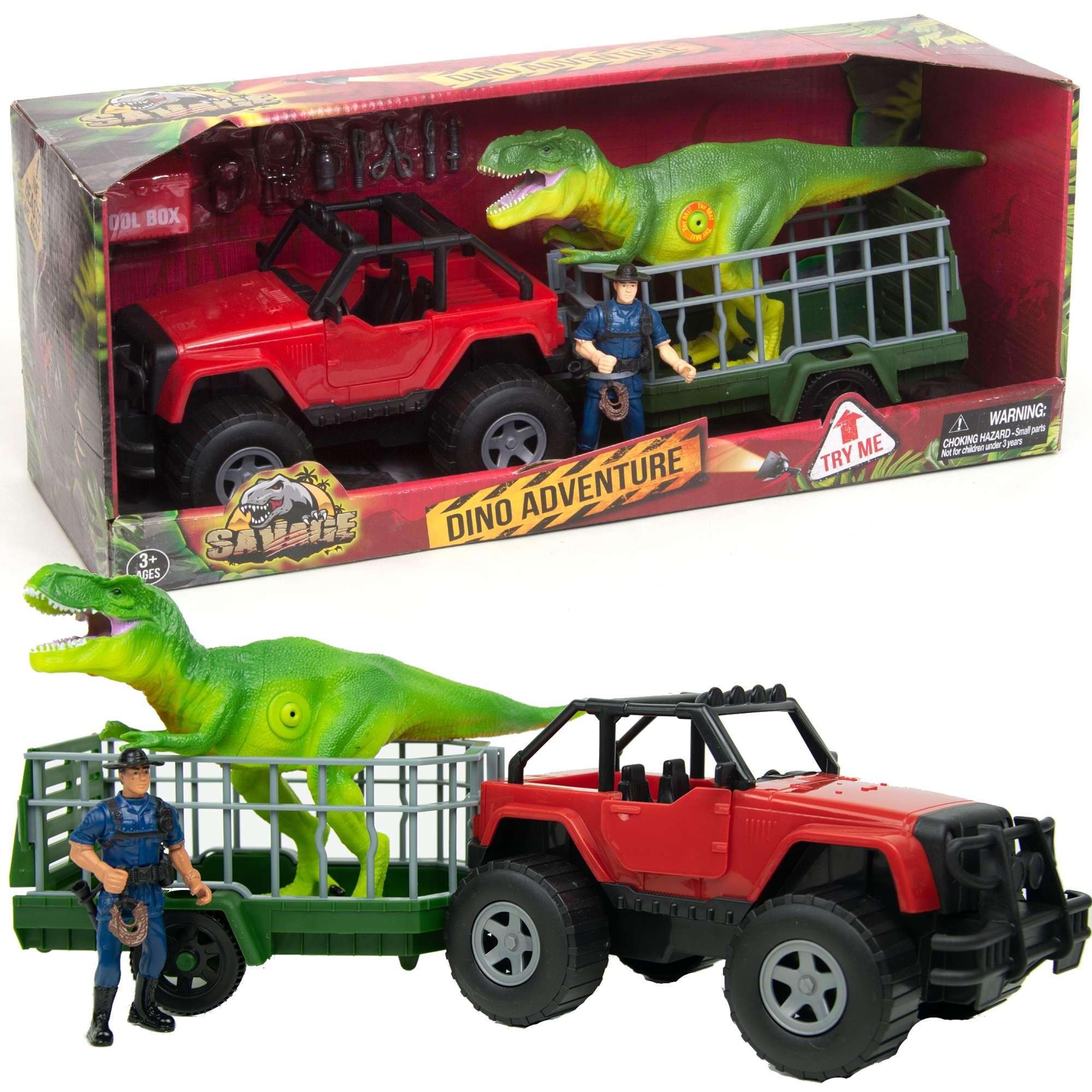 Zestaw zielony dinozaur, pojazd z przyczep, figurka myliwego Savage Dino Adventure dwik
