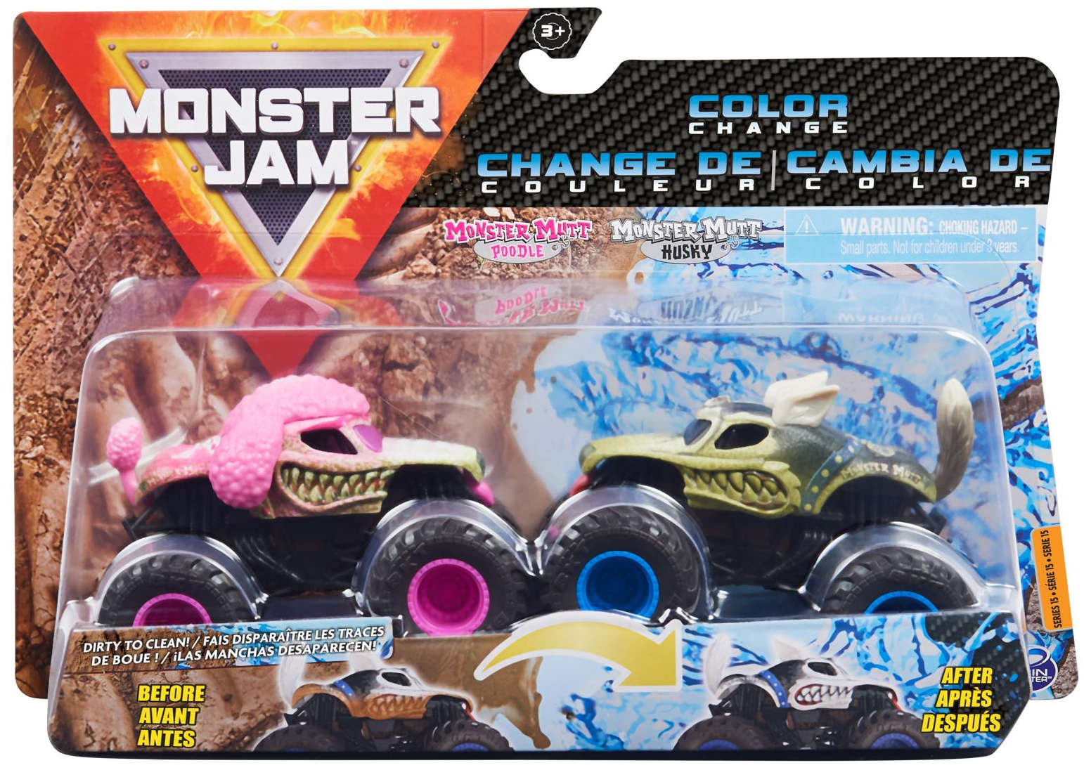 Monster Jam 2 ciê¿arówki zmieniaj±ce kolor Monster Muutt Poodle i Husky