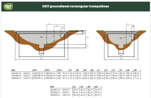 Trampolina ogrodowa naziemna Dynamic EXIT z płytkami zabezpieczającymi Freezone 305 x 519 cm czarna