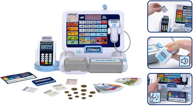 Zabawkowy zestaw sklepowy: Kasa z terminalem i skanerem + koszyk z akcesoriami i wózek na zakupy dla dzieci AGD 3+