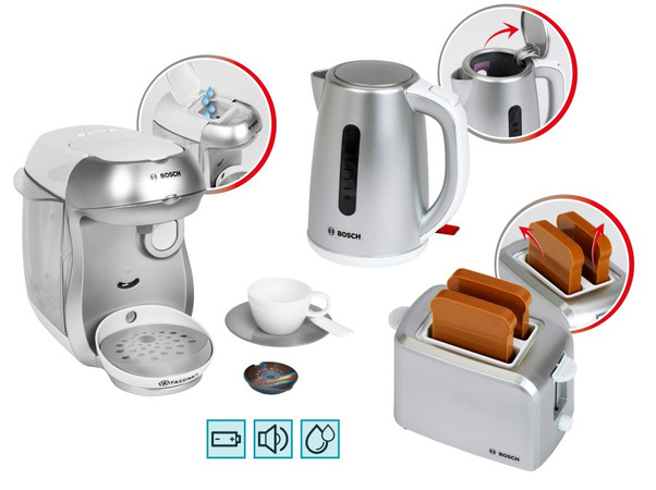 Zestaw śniadaniowy Bosch srebrny Czajnik Zabawkowy Toster Ekspres do Kawy dla Dzieci Dźwięk 3+
