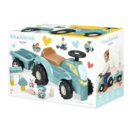 Abrick Zestaw Niebieski Traktor z przyczepką + Klocki Zwierzęta Krowa Owca