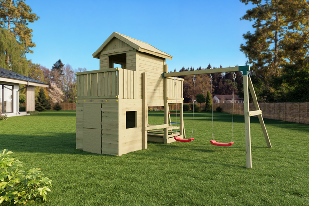 Fungoo Plac zabaw drewniany ogrodowy Multifort KDI, zjeżdżalnia, ścianka wspinaczkowa