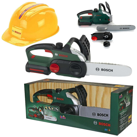 Zestaw Bosch bezprzewodowa Piła z ruchomym łańcuchem Bosch II z dźwiękiem i światłem dla dzieci + żółty kask