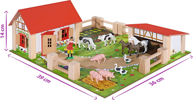 Drewniana Farma Zagroda + figurki zwierzątka wiejskie gospodarstwo domowe 23 elementy