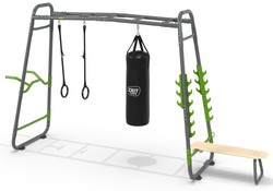 Siłownia ogrodowa Fitness Stanowisko gimnastyczne GetSet MB230: poręcze, pozioma drabinka, drążek, stacja, kółka, worek treningowy, ławka