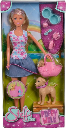 Zestaw Lalka Steffi na Spacerze z Pieskami uroczy szczeniaczek + akcesoria