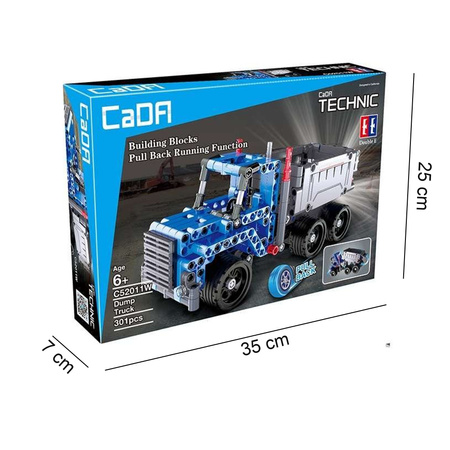Klocki konstrukcyjne CaDA Śmieciarka Niebieskie Auto napęd Pull-back 301 elementów Pojazd 22 cm