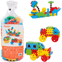 Klocki konstrukcyjne Waffle zestaw 100 dużych elementów klocki koła zwierzęta Marioinex