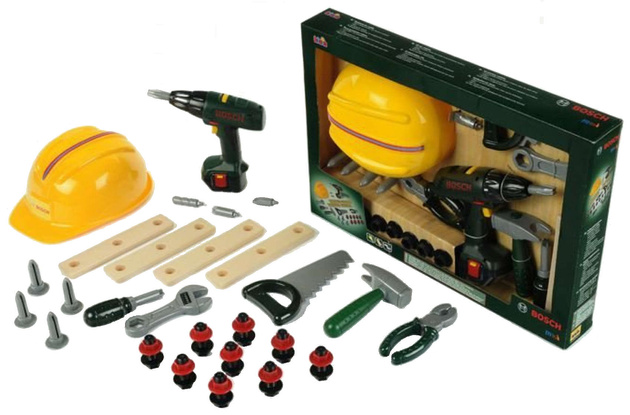 Duży zestaw narzędzi Bosch zestaw majsterkowicza z kaskiem wkrętarką kask 36 elementów Klein