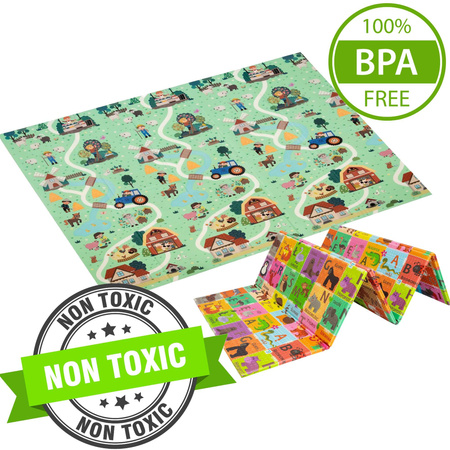 Dwustronna Składana Mata Edukacyjna z pianki XPE Podłogowa Bezpieczna 180x200 alfabet polski wieś Humbi