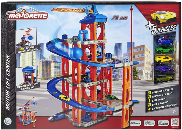 Duży Zestaw Wielki Garaż Tor zjazdowy z windą centrum samochodowe + 5 autek + GRATIS Majorette Samochodzik FC Bayern Munchen