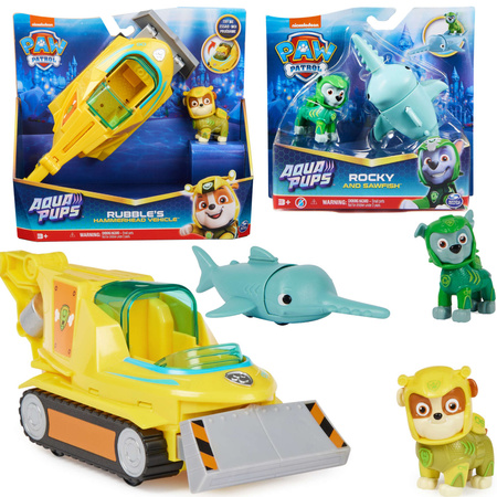 Psi Patrol Aqua Pups Rubble Pojazd podwodny Hammerhead + Rocky i ryba Piła Sawfish figurki 
