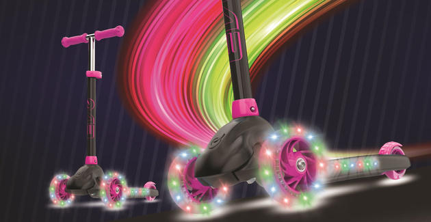 EVO Regulowana Trójkołowa Hulajnoga dla Dzieci Eclipse Różowa Świecące kółka i Podest