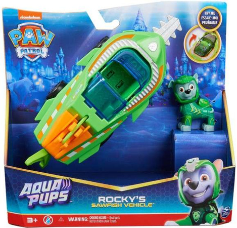 Psi Patrol Aqua Pups Rocky Pojazd Ryba Piła Zestaw Morski Podwodny Figurka