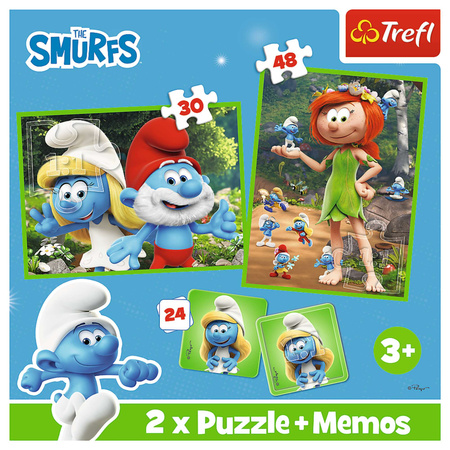 Trefl Puzzle 2w1 + memos Wesołe zabawy Smerfów The Smurfs dzień 3+