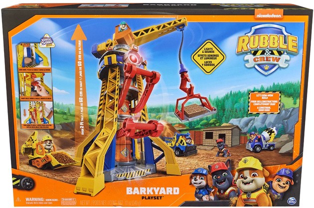 Psi Patrol Rubble i jego Ekipa Rubble&Crew Bark Yard Crane Tower Duży zestaw Dźwig 60cm żółty Buldożer z figurką i piaskiem kinetycznym + akcesoria Dźwięk