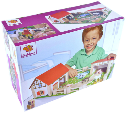 Zestaw Eichhorn Drewniana farma 25 elementów+Savage zestaw Figurek Dinozaurów w pojemniku 55 elementów