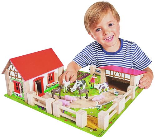 Zestaw Eichhorn Drewniana farma 23 elementy+Zestaw Figurek Dinozaurów w pojemniku 55 elementów