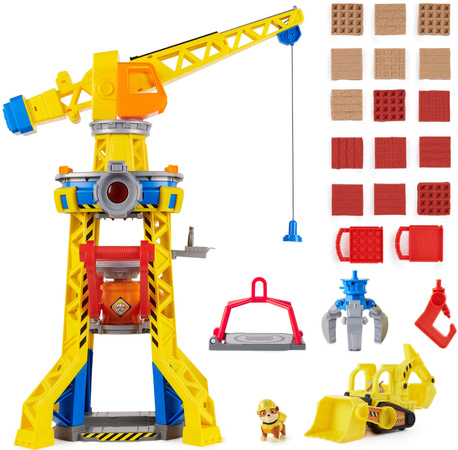 Psi Patrol Rubble i jego Ekipa Rubble&Crew Bark Yard Crane Tower Duży zestaw Dźwig 60cm żółty Buldożer z figurką i piaskiem kinetycznym + akcesoria Dźwięk