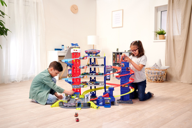 Duży Garaż Parking samochodowy Super Centrum Pościgu + 4 kolorowe auta Światło Dźwięk