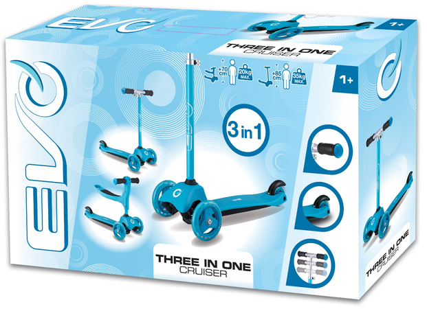 Evo Regulowana Trójkołowa Hulajnoga dla Dzieci 2w1 Jeździk Cruiser z Siedziskiem Jasnoniebieski