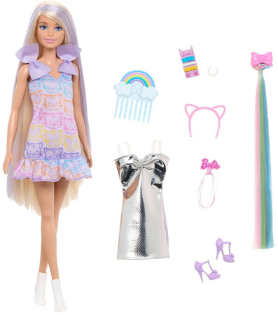 Barbie lalka modowa z metaliczną sukienką i doczepianymi włosami + akcesoria