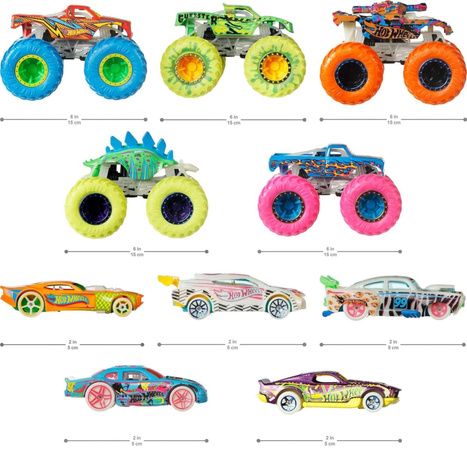 Hot Wheels Monster Trucks zestaw 10 świecących w ciemności pojazdów 1:64