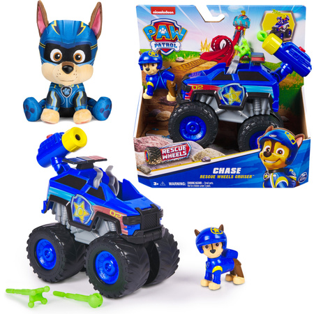 Psi Patrol Rescue Wheels niebieski Pojazd terenowy z figurką Chase 6cm + maskotka 23 cm
