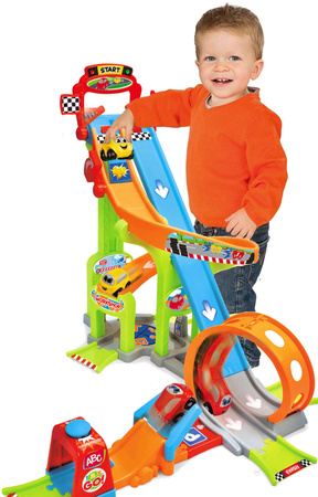 Duży garaż Tor samochodowy dla autek zestaw z wyrzutnią i pętlą ABC + 2 pojazdy