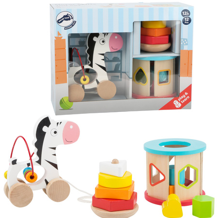 Small Foot Zestaw zabawek 3w1 sorter, piramida, zebra do ciągnięcia