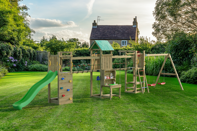 Fungoo Plac zabaw drewniany ogrodowy Space Longer, zjeżdżalnia, ścianka wspinaczkowa, huśtawki, kuchnia błotna