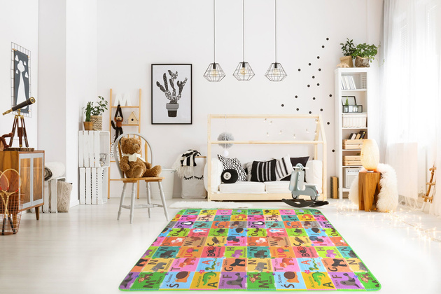 Humbi Piankowa dwustronna mata edukacyjna Szachownica 3w1 Polski Alfabet Cyfry Obrazki Kontrastowe czarno-biała 180 x 200 x 0,5 cm